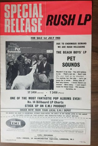 Emi Special Release Rush Lp Flyer - The Beach Boys - Pet Sounds