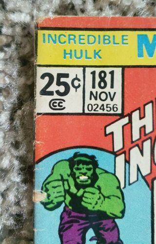 THE INCREDIBLE HULK 181 (1974) Wolverine 1st appearance,  Ungraded,  w/ MVS stamp 3