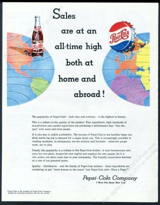 1952 Pepsi Cola Bottle & Cap Earth Globe Color Art Vintage Print Ad