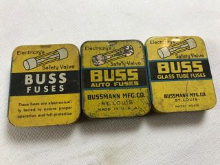 3 Vintage Buss Glass Tube Auto Fuses Tins W/fuses Sfe9 14 3ag - 10