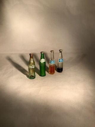 4 Vintage Miniature Soda Bottles - C1970 - Coke - Sprite - Fanta Orange - Fanta Grape - 3”