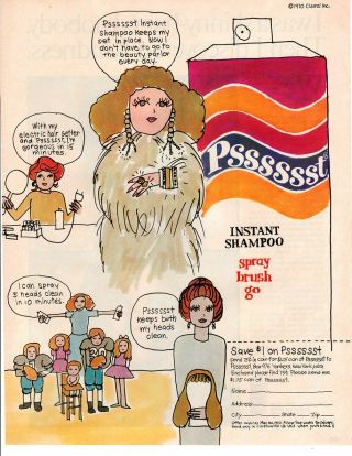 Vintage Beauty Fashion Ad 1970 Psssssst Instant Shampoo Spray Brush Go Art Ad