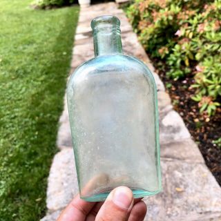 Blown Aqua Strap Side Whiskey Flask Bottle 1/2 Pint Rye Bourbon 1890s