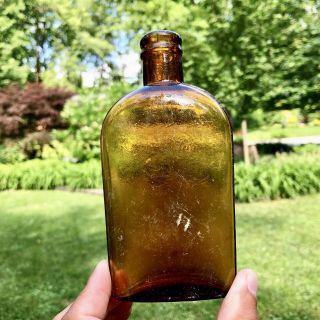 Blown Amber Strap Side Whiskey Flask Bottle 1/2 Pint Rye Bourbon 1890s