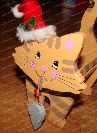 Holiday Cat,  Kitten Holding Mouse (wooden Container) Santa Hat,  Bell On Tail