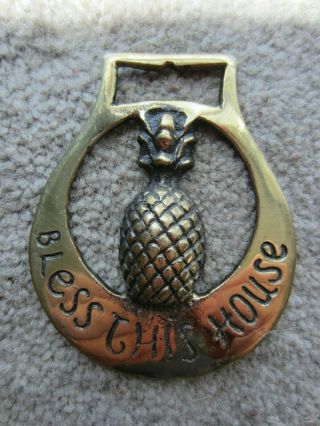 Vtg Brass England Harness Horse Tack Pineapple Bless This House Badge Medallion