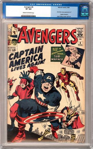 Avengers 4 Cgc 8.  0 C/ow Pages 1st Silver Age Captain America Marvel