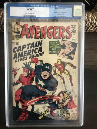 Avengers 4 Cgc 8.  0 C/OW Pages 1st Silver Age Captain America Marvel 3