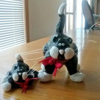 Pottery Cat Figurines Large & Small Pair Black & White Whiskers Red Bows Bells