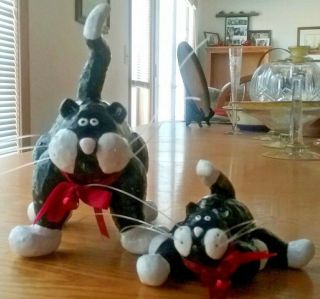 Pottery Cat Figurines Large & Small Pair Black & White Whiskers Red Bows Bells 2