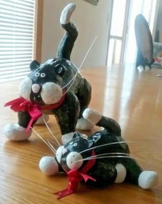 Pottery Cat Figurines Large & Small Pair Black & White Whiskers Red Bows Bells 3