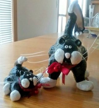 Pottery Cat Figurines Large & Small Pair Black & White Whiskers Red Bows Bells 4