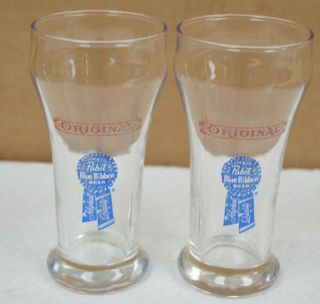 2 Vintage Pabst Blue Ribbon Beer Small Pilsner Glasses Pbr 5.  5 " Tall