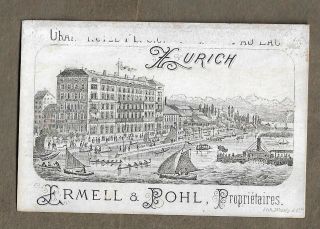 Steamships Rowing Boats Hotel Zurich Switzerland 1870`s Trade Card
