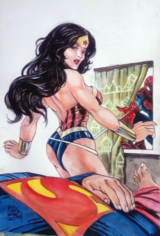 Wonder Woman And Superman Art Pin Up By Pol Nino - 05 10 " X 15 "
