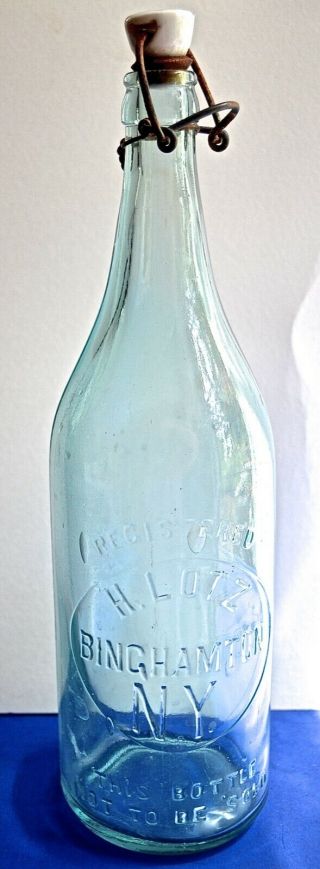 Vintage H.  Lotz Binghamton Ny 12 " Aqua Blue Soda Bottle W Porcelain Stopper