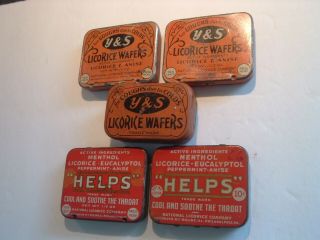 Vintage Antique Tins (5) Y&s Licorice Wafers & Helps Sore Throat Medicine