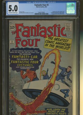 Fantastic Four 3 Cgc 5.  0 | Marvel 1962 | Ff Don Costumes.  1st Miracle Man & More