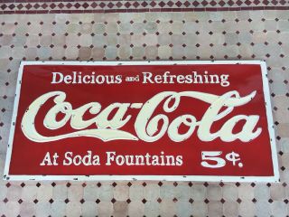 Large Red Coca - Cola Metal Sign 5 Cent White Letters Soda Fountain Vintage Style