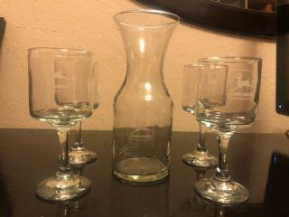 Rare: John Deere Etched Glass Carafe & 4 Wine Glasses (no Scratches)