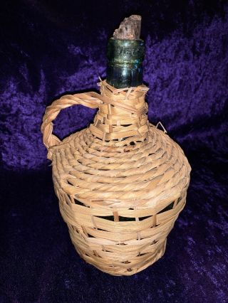 Vintage Aqua Glass Bottle In A Wicker Woven Basket Primitive Decor