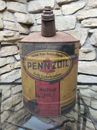 Old Vintage Five 5 Gallon Pennzoil Oil Can Over The Bell Very Cool Needs Tlc