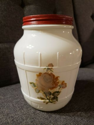 Vintage Duraglas White Hoosier Glass Jar W/red Metal Lid & Pretty Floral Decal