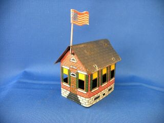 Vintage Tin Toy Train Village School House Candy Container Cira 1914