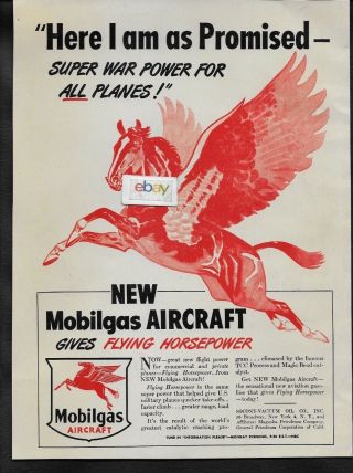 Mobil Socony - Vacuum Oil Co 1946 Mobilgas Aircraft Flying Horsepower War Power Ad