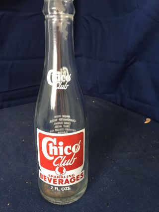 Vintage Chico Club Sparkling Beverages Acl Soda Bottle - 1965