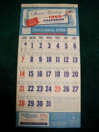 1959 Seasons Greetings St Joseph Aspirin Coppertone Girl Calendar Mesana Mistol