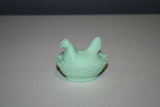 Vintage Green Jadeite Milk Glass Glass Miniature Chicken Hen On Nest Salt