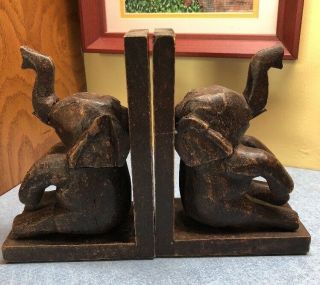 Vintage Pair Set Of 2 Hand Carved Wood Elephant Bookends
