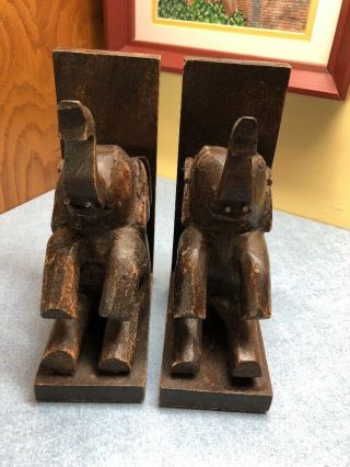 Vintage Pair Set of 2 Hand Carved Wood ELEPHANT Bookends 5