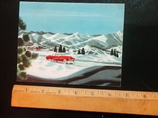 RARE VINTAGE MID CENTURY 1950s CHRISTMAS CARD SNOW MOUNTAIN ROAD BUICK CAR 2