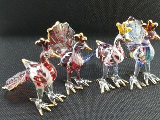4 X Figurine Miniature Blown Glass Gold Peacock Animal Collectibles Handmade Art