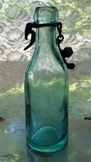Antique Aqua Blob Top Soda Bottle W/ Metal Hinged Stopper Closure