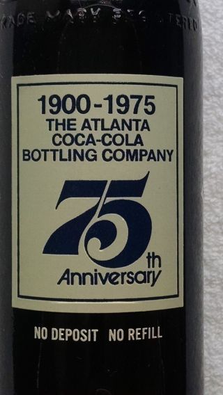 1975 The Atlanta Coca - Cola Bottling Co.  75th Ann.  (1900 - 1975) Short 10oz Bottle