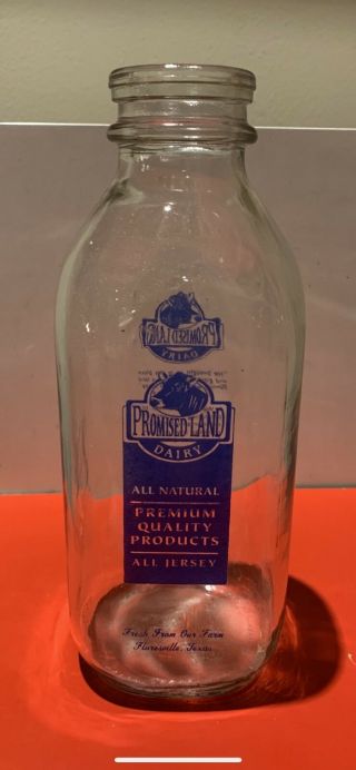 Promised Land Dairy Cow Milk Glass Bottle Jug Quart Texas