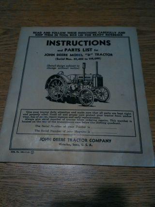 Rare Vintage John Deere Model D Instructions And Parts List