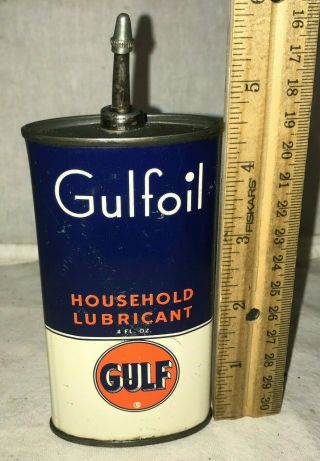 Antique Gulfoil Household Lubricant Handy Oiler Tin Litho Can Gulf Gas Oil Lube