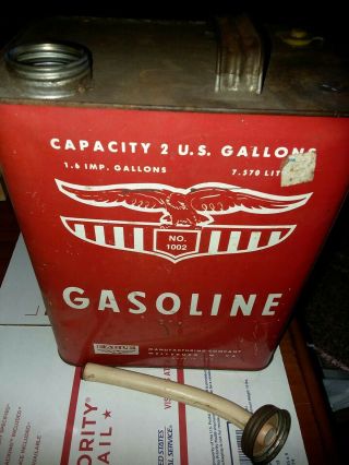 Vintage Eagle 2 Gallons Metal Gasoline Filler Can No.  1002 W/spout