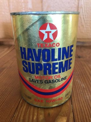 Vintage 1 Quart Texaco Havoline Supreme Motor Oil Can Full