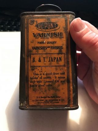 Vintage Dupont Varnish B.  & T.  Japan Tin Wilmington Delaware De.  2 " X 2 " X 4.  5 "