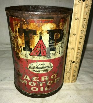 Antique Tp Aero Motor Oil Tin Litho 1qt Can Fort Worth Tx Vintage Gas Station