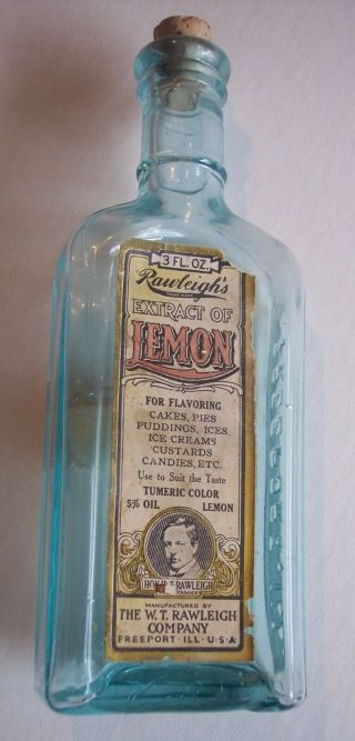 Rawleigh’s Extract Of Lemon Vintage Aqua Bottle - Paper Label - Freeport,  Il.