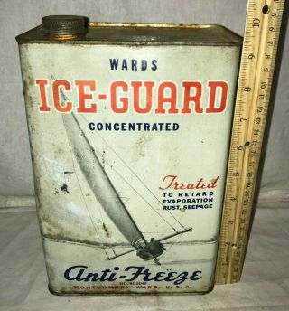 Antique Montgomery Wards Ice Guard Anti Freeze Tin Litho Can Sail Boat Gas Oil