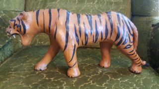 Vintage Leather Wrapped Tiger Figurine Glass Eyes Animal Wild Cat Handmade 17 "