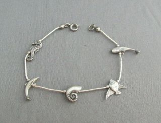 Vintage Sterling Seahorse Dolphin Shell Fish Whale Marine Life Charm Bracelet