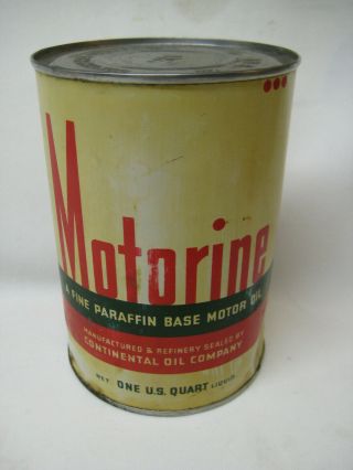 Vintage Conoco Motorine Motor Oil Old 1 Qt.  Tin Can Empty Opened At Bottom